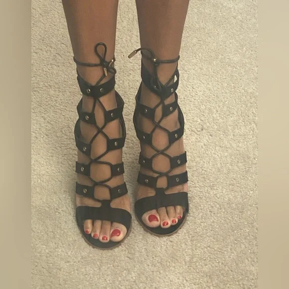 Black Suede Gladiator Block Heel - Picture 2 of 4